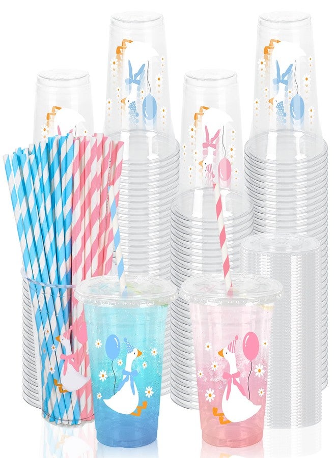 JarThenaAMCS مجموعة جارثينا إيه إم سي إس، ٥٠ قطعة من أكواب بلاستيكية للاستخدام مرة واحدة بتصميم أوزة مرحة، مع أغطية وماصات، سعة ١٢ أونصة، باللونين الوردي والأزرق، مناسبة للمشروبات الباردة، مثالية للفتيات والفتيان، ولحفلات الكشف عن جنس المولود وحفلات استقبال المولود. - Image 1